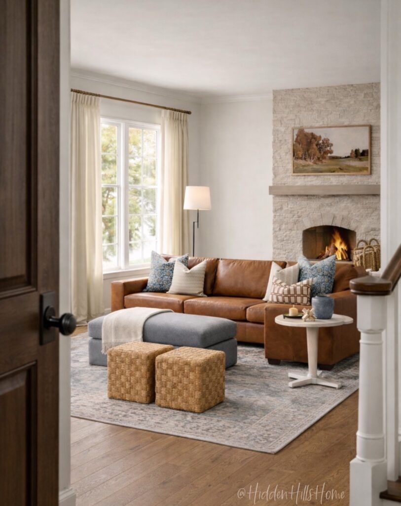Living room design with leather sofa 