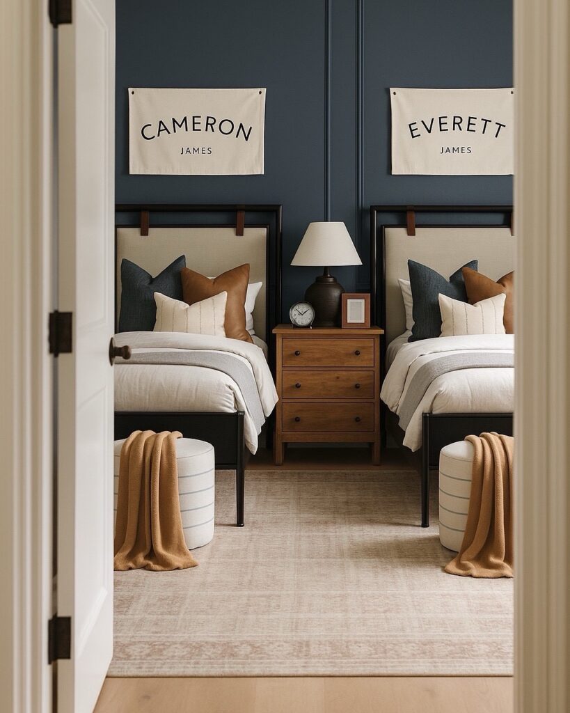 Modern twin bedroom design mood board featuring navy wall backdrop, black bed frames, neutral bedding, wood nightstand, and warm accent decor