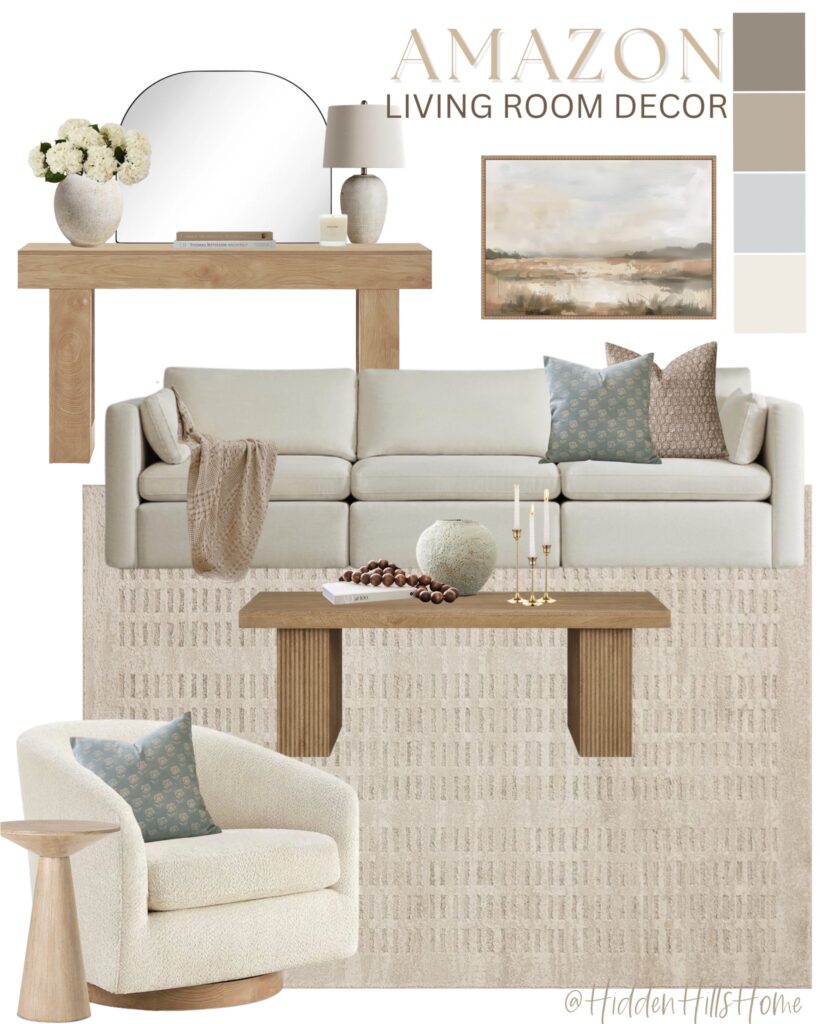 Amazon living room mood board featuring neutral sofa, wood furniture, textured rug, blue accent pillows, and warm minimal decor pieces.