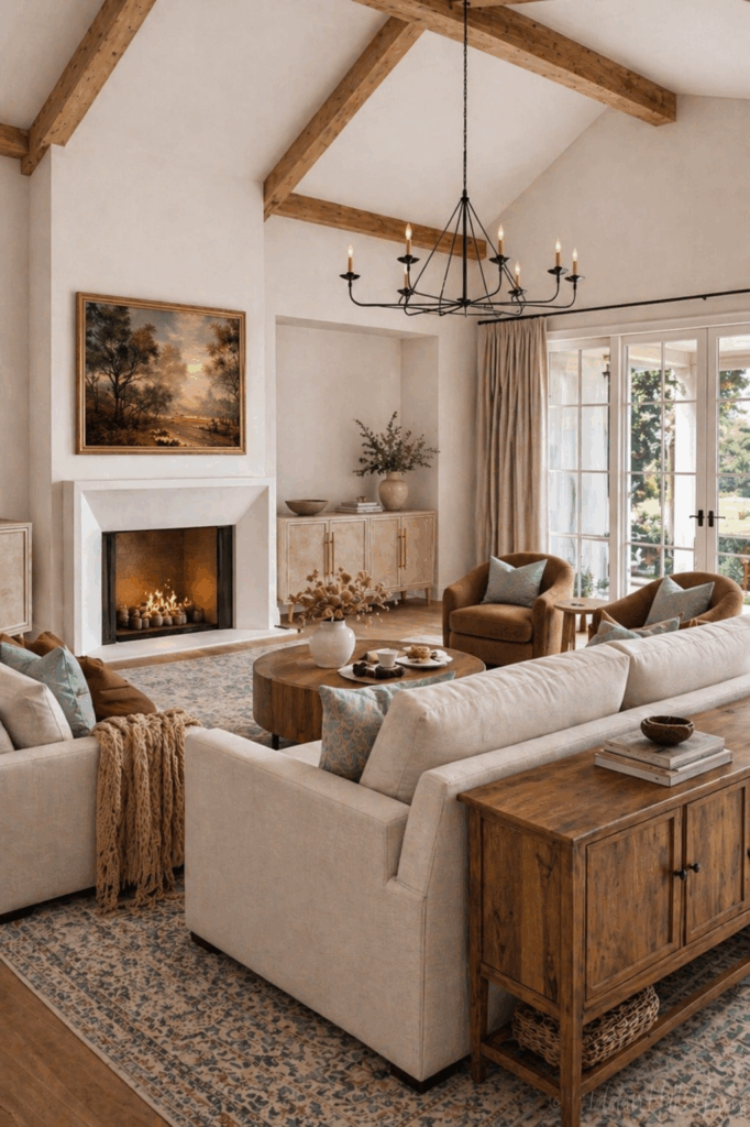 Warm neutral living room with linen sofa, round coffee table, and accent chairs
