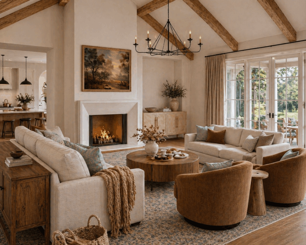 Cozy neutral living room with vaulted ceiling, wood beams, and warm layered textures
