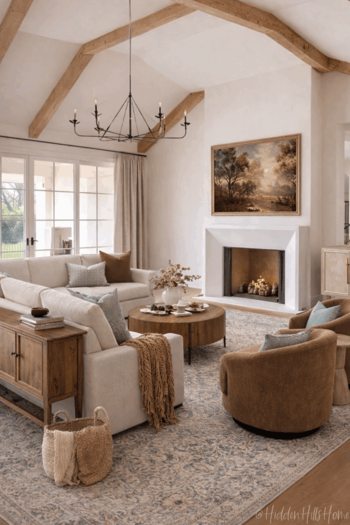 Warm neutral living room with fireplace and ceiling beams