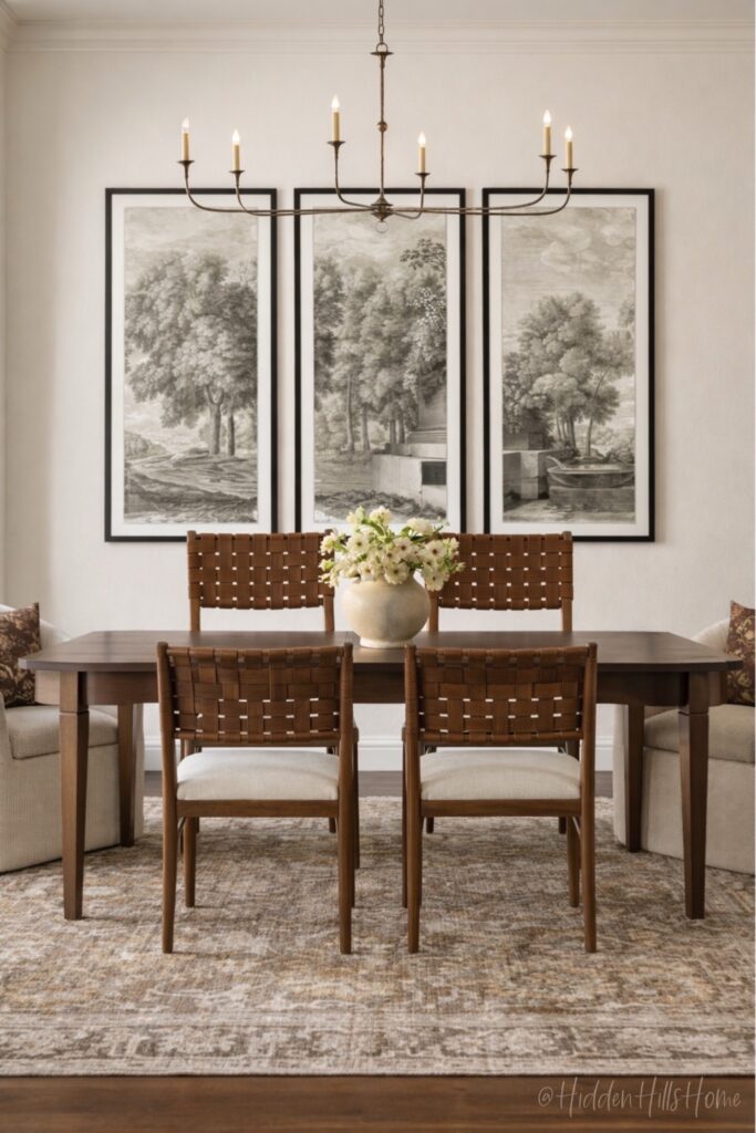 Classic European neutral dining room with wood table, woven chairs, candle-style chandelier, and framed landscape wall art