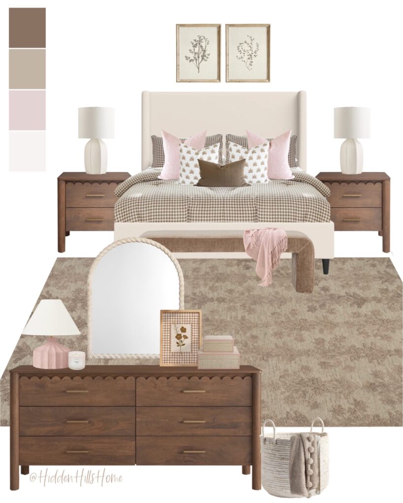 Blush pink and neutral girls bedroom mood board with upholstered bed, gingham bedding, wood dresser, scalloped nightstands, mirror, and styled decor accents