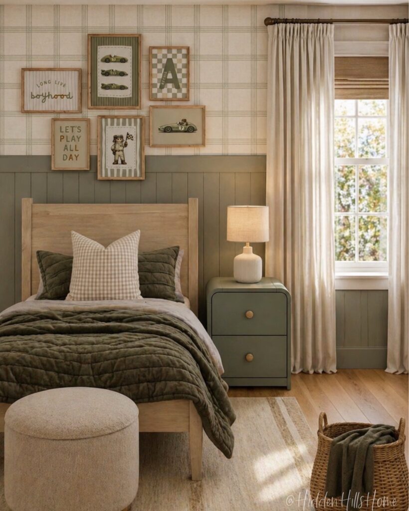 Timeless kids bedroom design with framed wall art, wood furniture, and warm textures
