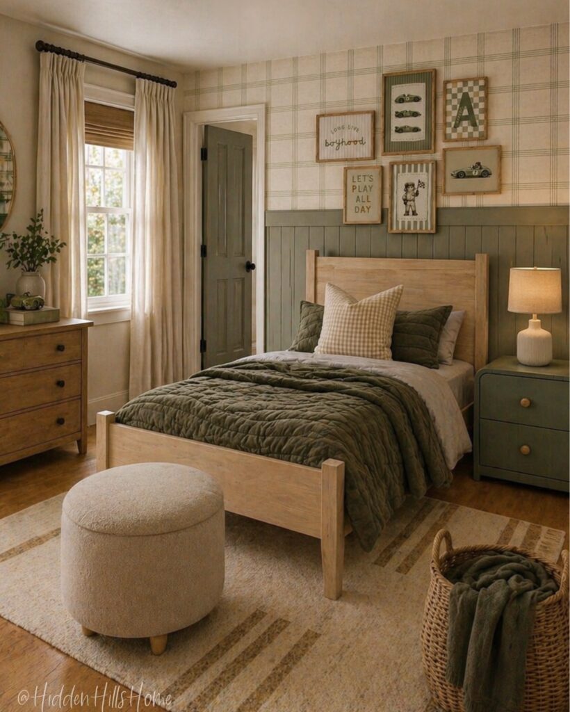 Warm neutral boys room with upholstered ottoman, patterned rug, and green accents
