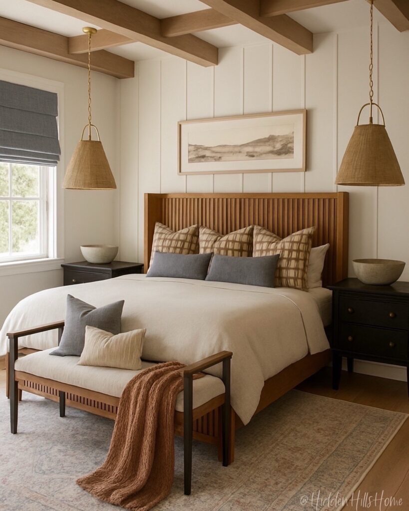 Neutral bedroom with woven pendant lighting and wood ceiling beams