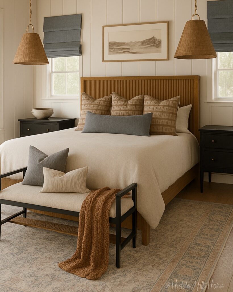 Modern organic bedroom with warm wood slat bed and neutral bedding
