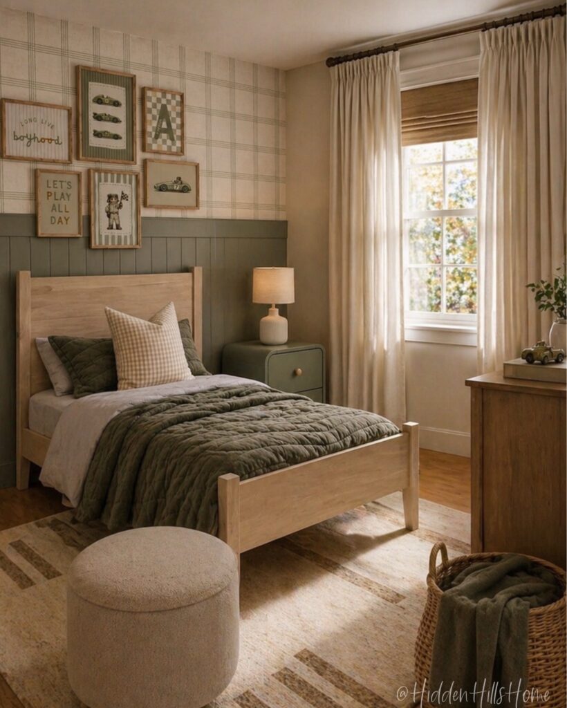 Cozy boys bedroom with olive green nightstand, layered bedding, and soft neutral curtains
