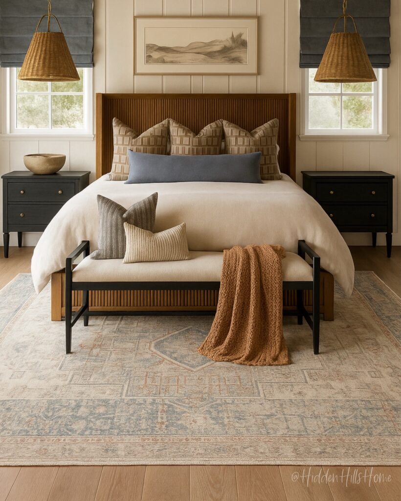 Warm wood bedroom design with layered textures and soft neutral palette