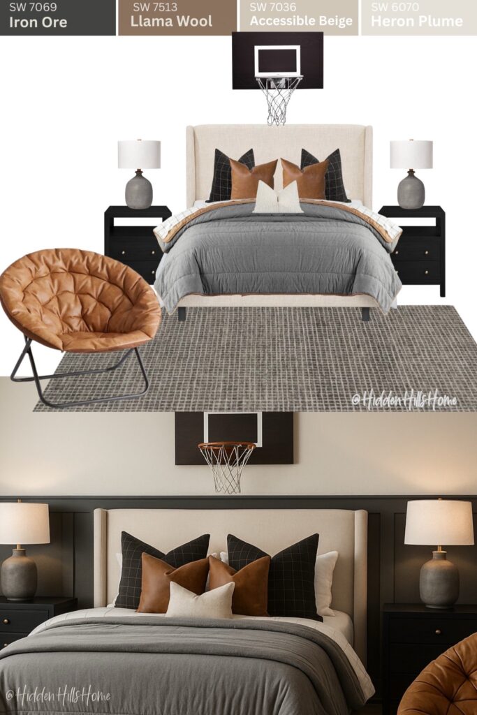 Teen boy bedroom mood board featuring neutral bed, black nightstands, leather accent chair, layered bedding, and Sherwin Williams Iron Ore and Accessible Beige palette