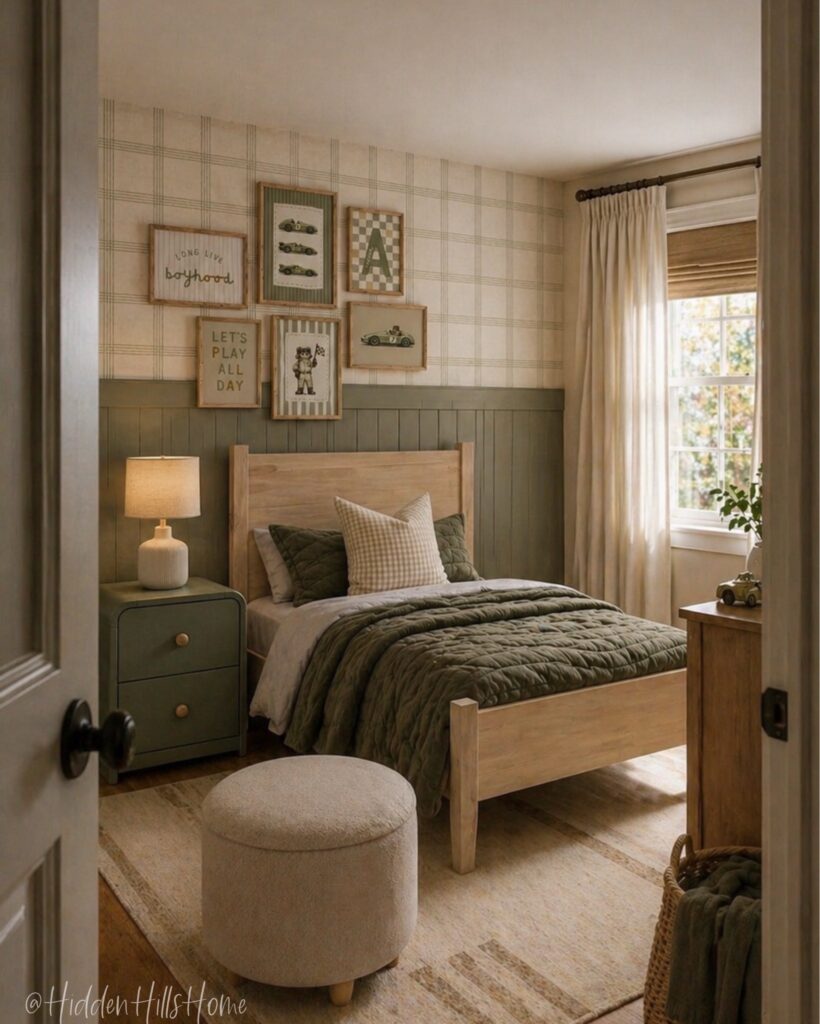 Neutral boys bedroom with wood bed, green bedding, plaid wallpaper, and gallery wall
