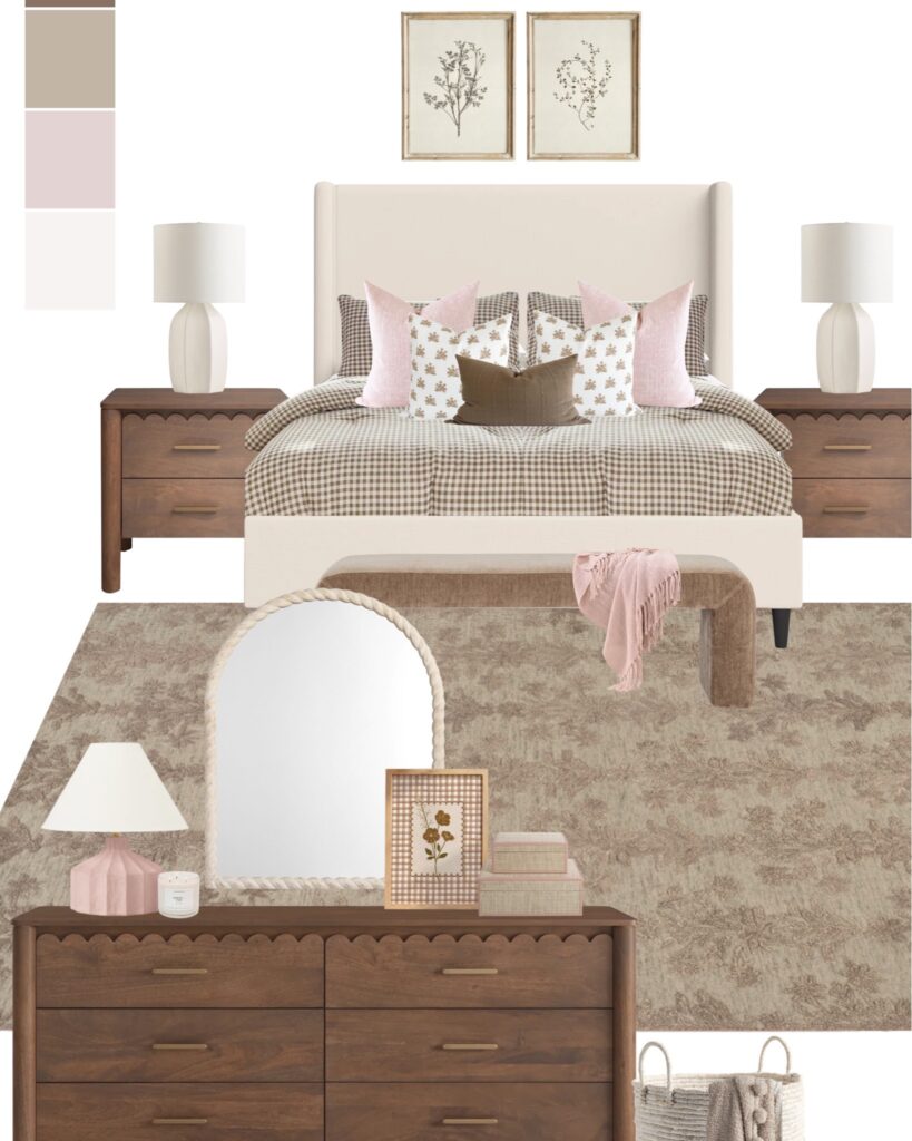 Soft feminine bedroom design board featuring neutral bed, blush pink accents, warm wood furniture, patterned rug, and decorative accessories